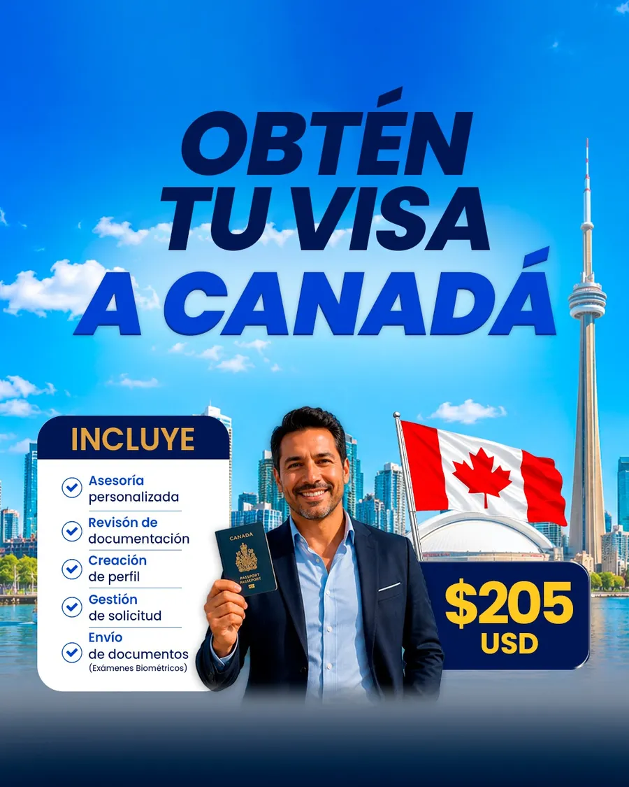 Flyer de Skybiz: obtén tu visa a Canadá. Incluye asesoría personalizada, revisión de documentación, creación de perfil, gestión de la solicitud y envío de documentos para los exámenes biométricos.