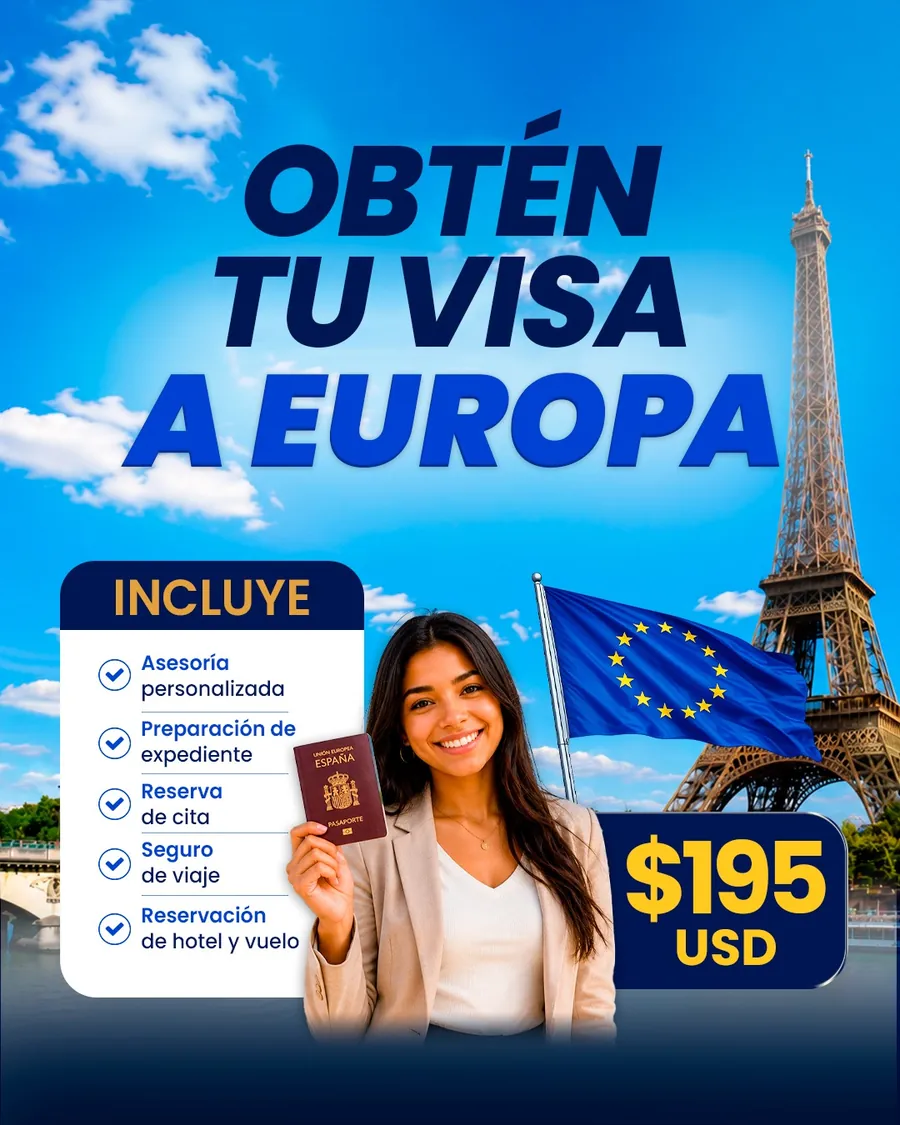 Flyer de Skybiz: obtén tu visa a Europa. Incluye asesoría personalizada, preparación del expediente, reserva de cita, seguro de viaje y reservación de hotel y vuelo.