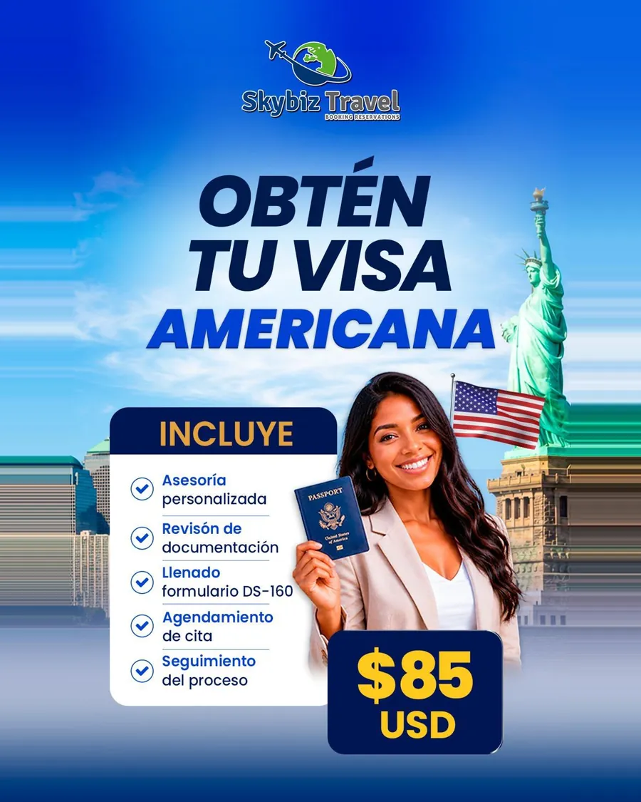 Flyer de Skybiz: obtén tu visa americana. Incluye asesoría personalizada, revisión de documentación, llenado del formulario DS-160, agendamiento de cita y seguimiento del proceso.